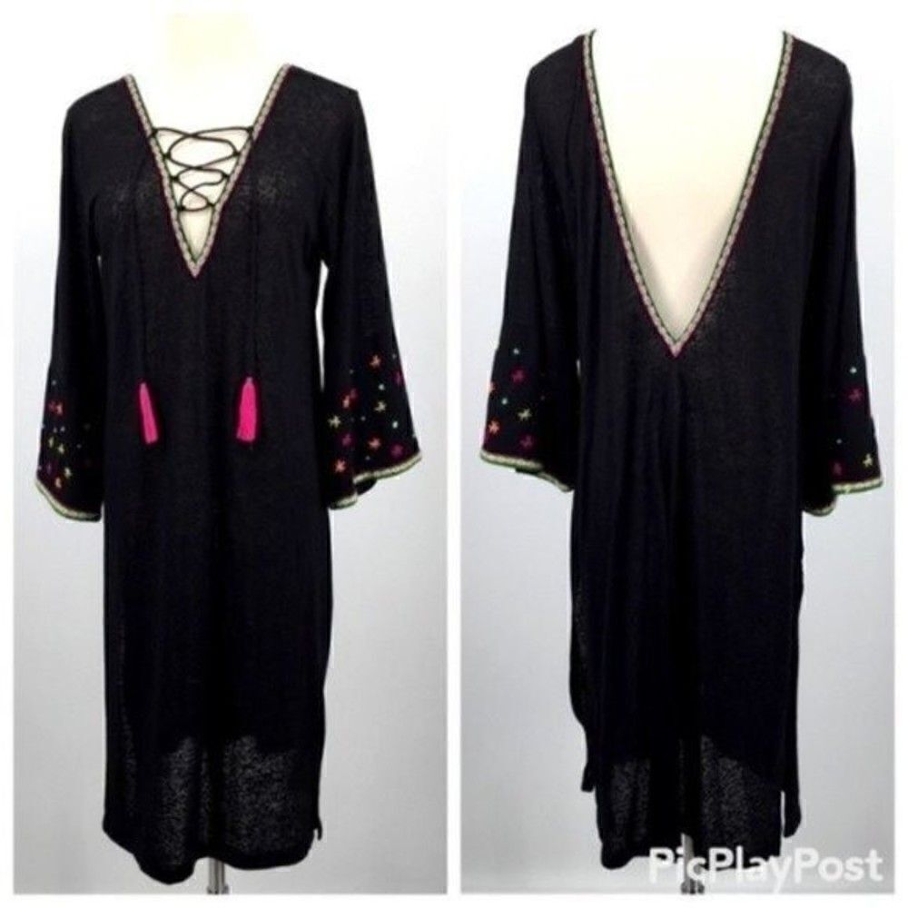 Pitusa Black midi dress with bell sleeves colorful embroidery swim cover BoxB